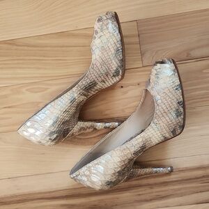 Joan & David textured scale leather platform peeptoe stilettos